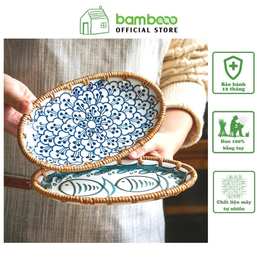 Đĩa gốm sứ viền mây đan BAMBOOO ECO phong cách Nhật Bản đựng mứt đựng đồ hạt khô
