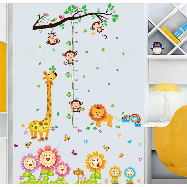 BỘ COMBO DECAL GHÉP ĐÔI TRANG TRÍ - Thước đo Khỉ kết hợp chân hoa Cười ( 2 TẤM )