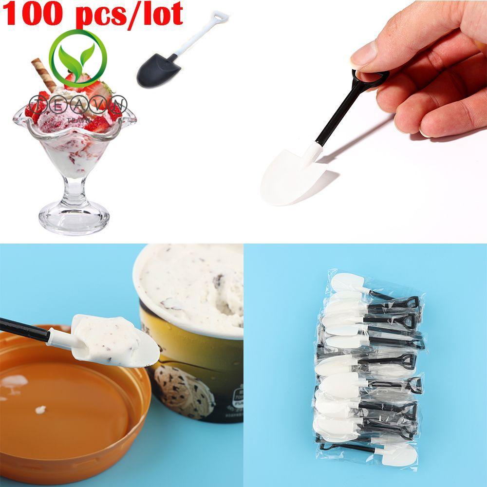 Set 100 muỗng nhựa ăn kem hình dạng xẻng làm vườn dùng một lần