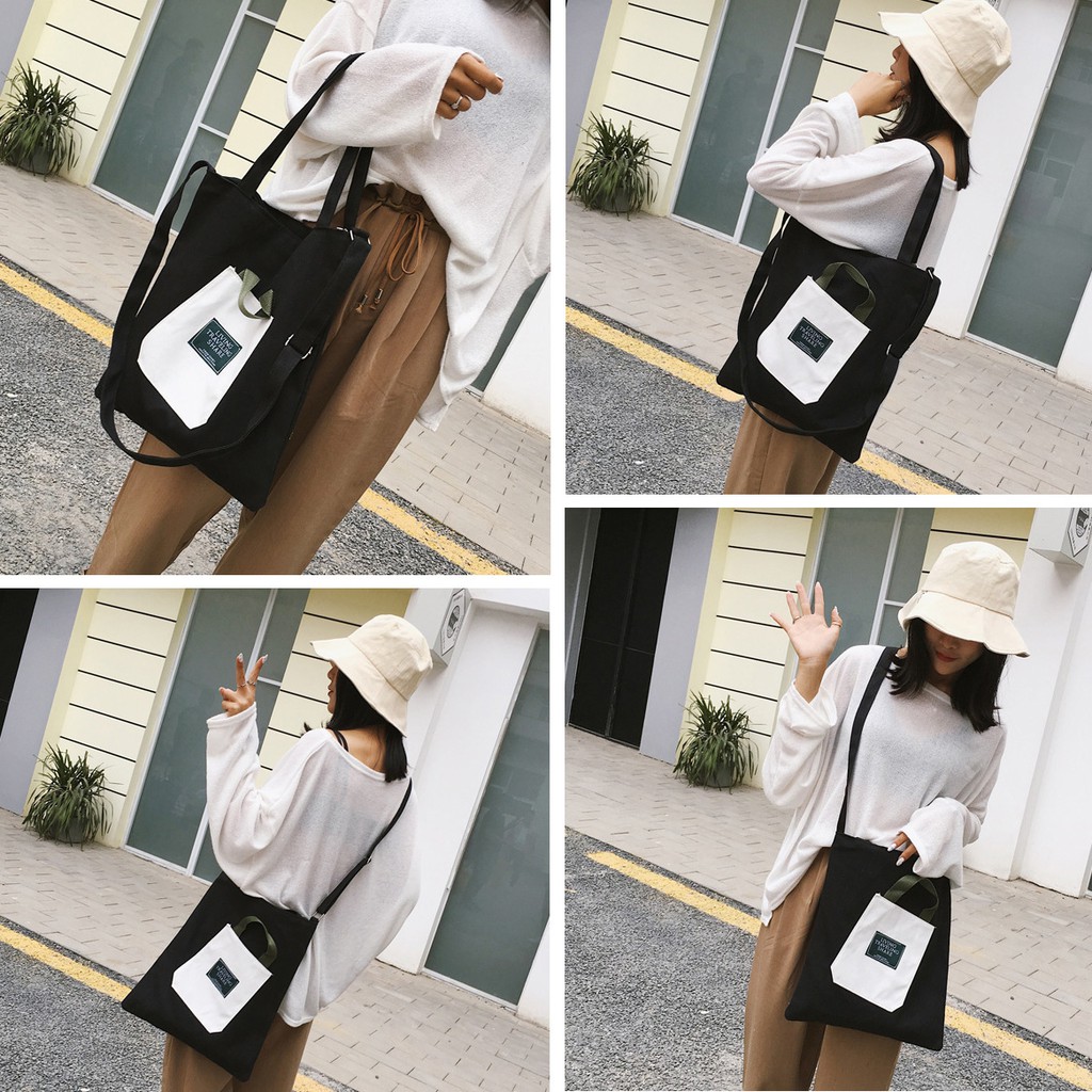 Túi Vải Tote Đeo Chéo Đính Túi Nhỏ Trước Cute M548