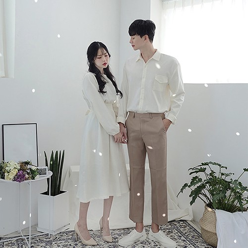 ÁO ĐÔI - Set váy sơ mi đôi nam nữ màu trắng và vàng Hàn Quốc HQCouple - AV89