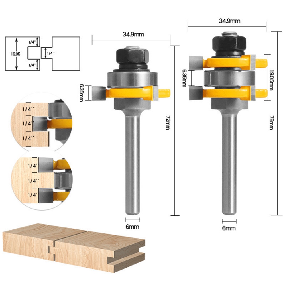 Bộ 2 Mũi Phay Router 6mm 1 / 4 "8mm 12mm 1 / 2" Cho Máy Cắt Gỗ