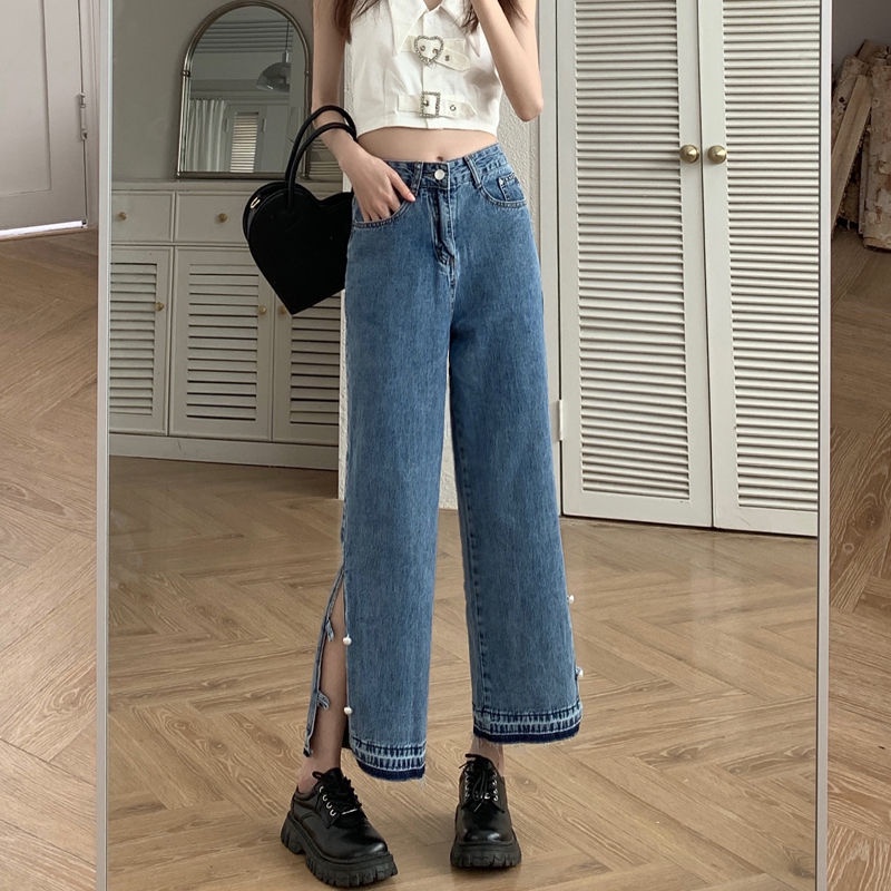Quần Denim Dài Lưng Cao Xẻ Tà Đính Hạt Thời Trang Mùa Hè Mới 2022 Cho Nữ