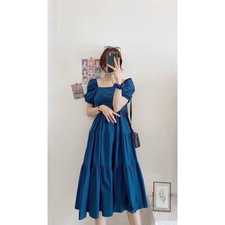 Đầm nữ màu xanh đậm cổ vuông, thiết kế tầng babydoll