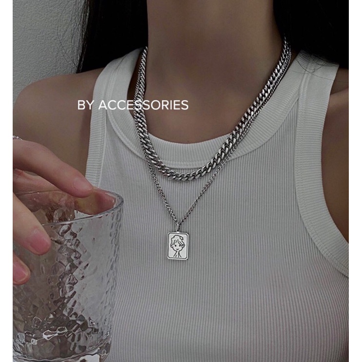 Set dây chuyền titan 2 tầng mặt chữ nhật Little boy không gỉ