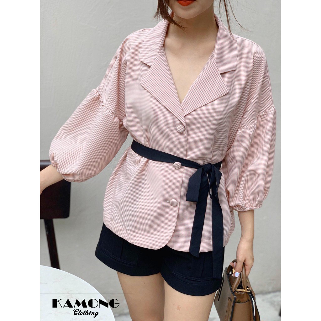 [HÌNH THẬT] ÁO KIỂU DANTON TAY PHỒNG NƠ EO ( CARO HỒNG )