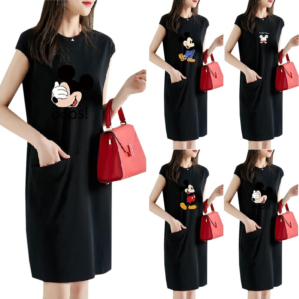 Đầm Midi Sát Nách Hoạ Tiết Chuột Mickey Đáng Yêu