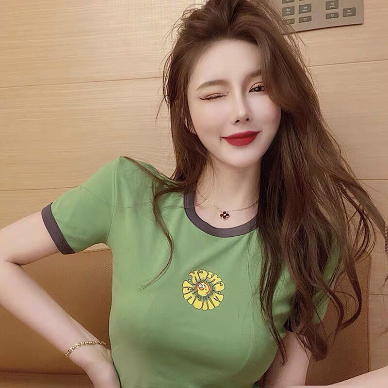 Áo Thun Borip Viền Đen Cổ Và Tay In Hình Bông Hoa Chú Chim Vàng Đáng Yêu TTSA0698