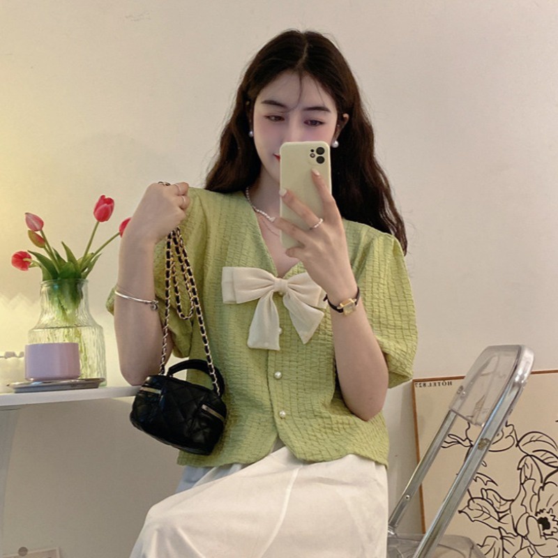 Áo Kiểu Tay Phồng Cổ Chữ V Phối Nơ Phong Cách Hàn Quốc Thời Trang Mùa Hè Xinh Xắn Cho Nữ