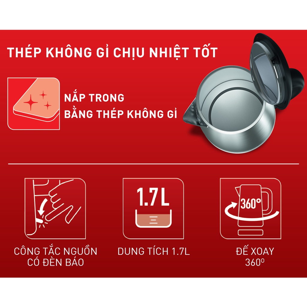 Tefal- Bình đun siêu tốc inox dung tích 1.7L KI800D68- Hàng chính hãng