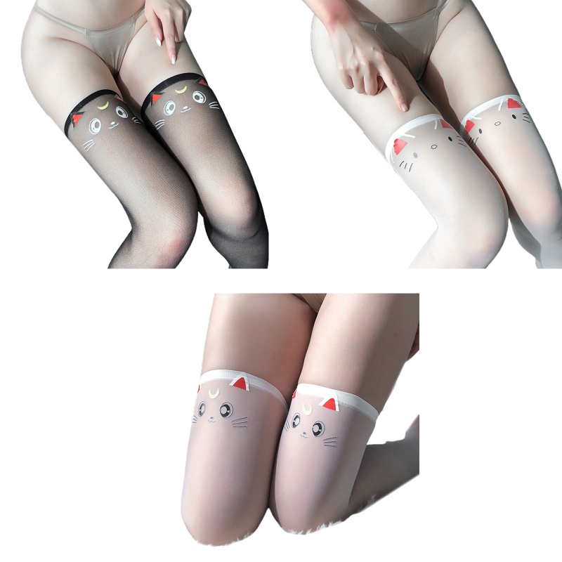 Vớ Dài Qua Gối Vải Lụa In Họa Tiết Hoạt Hình Mèo Phong Cách Lolita Nhật Bản Cho Nữ