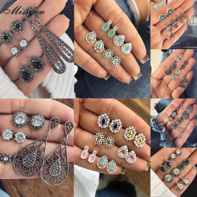 Missyou Vintage Gemstone Crystal WaterDrop Opals Stud Earring Silver Jewelry