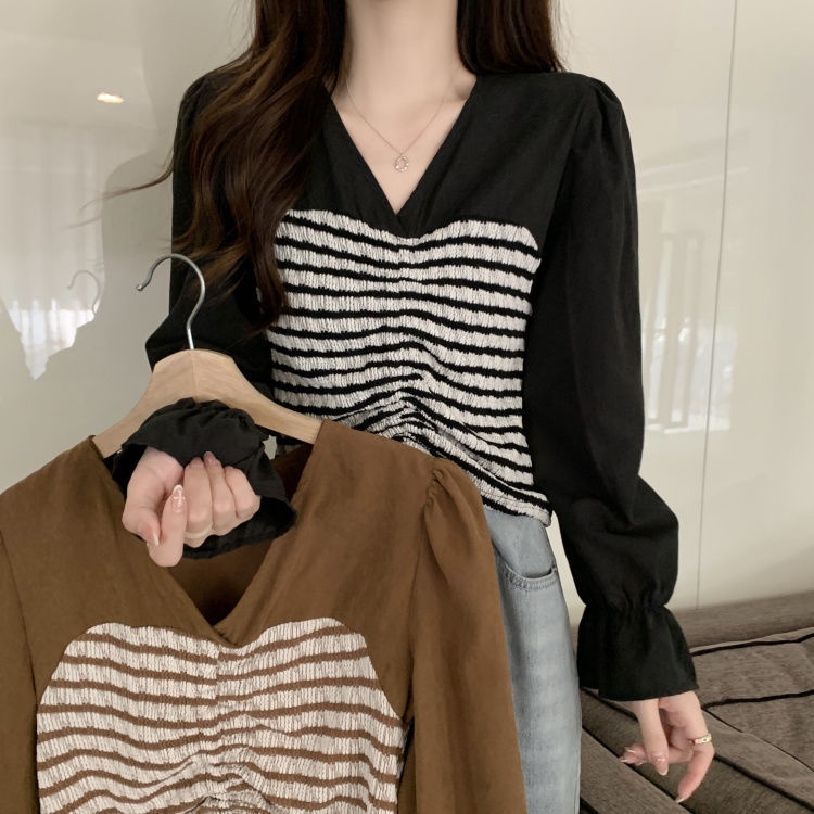 Áo Kiểu Tay Dài Cổ Chữ v Kẻ Sọc Phối Dây Rút Xếp Ly Thời Trang Mùa Thu