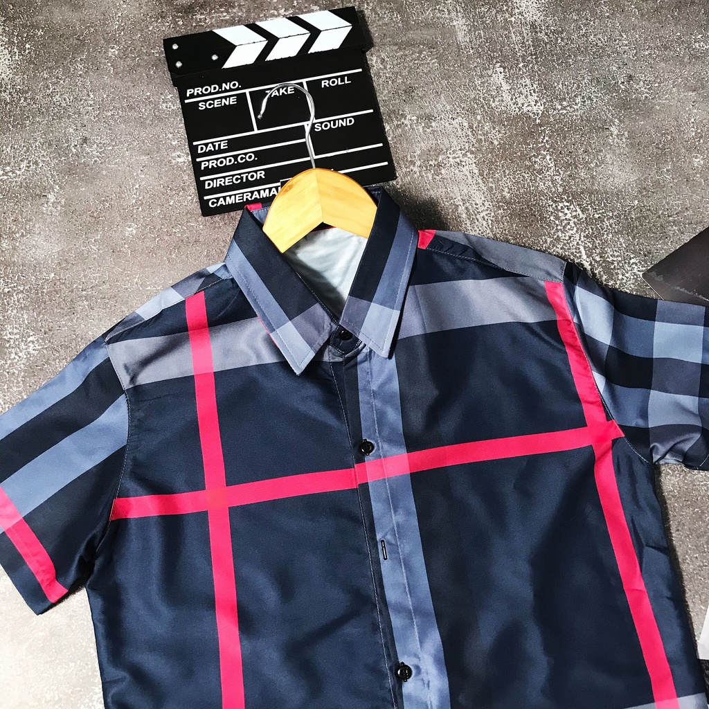 Áo sơ mi 3D tay ngắn chất lụa Caro thêu ngực hoạ tiết BURB đẹp mắt thoáng mát phong cách trẻ trung thời trang nam nữ