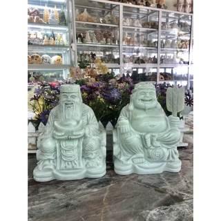 Tượng hai ông Thần Tài Thổ Địa thờ cúng đá trắng xanh - Cao 20 cm