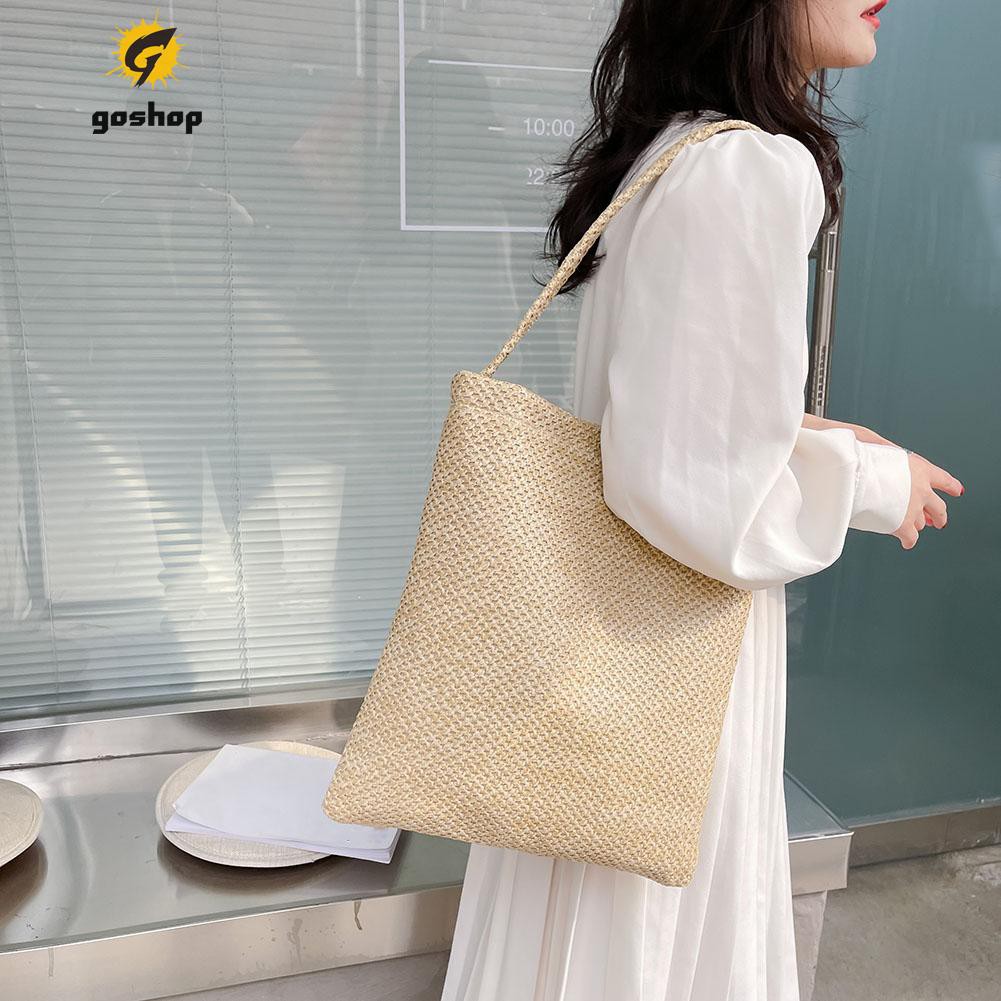 (GO ) Fashion Women Beach Large Capacity Straw Woven Shoulder Shopping Bag Tote