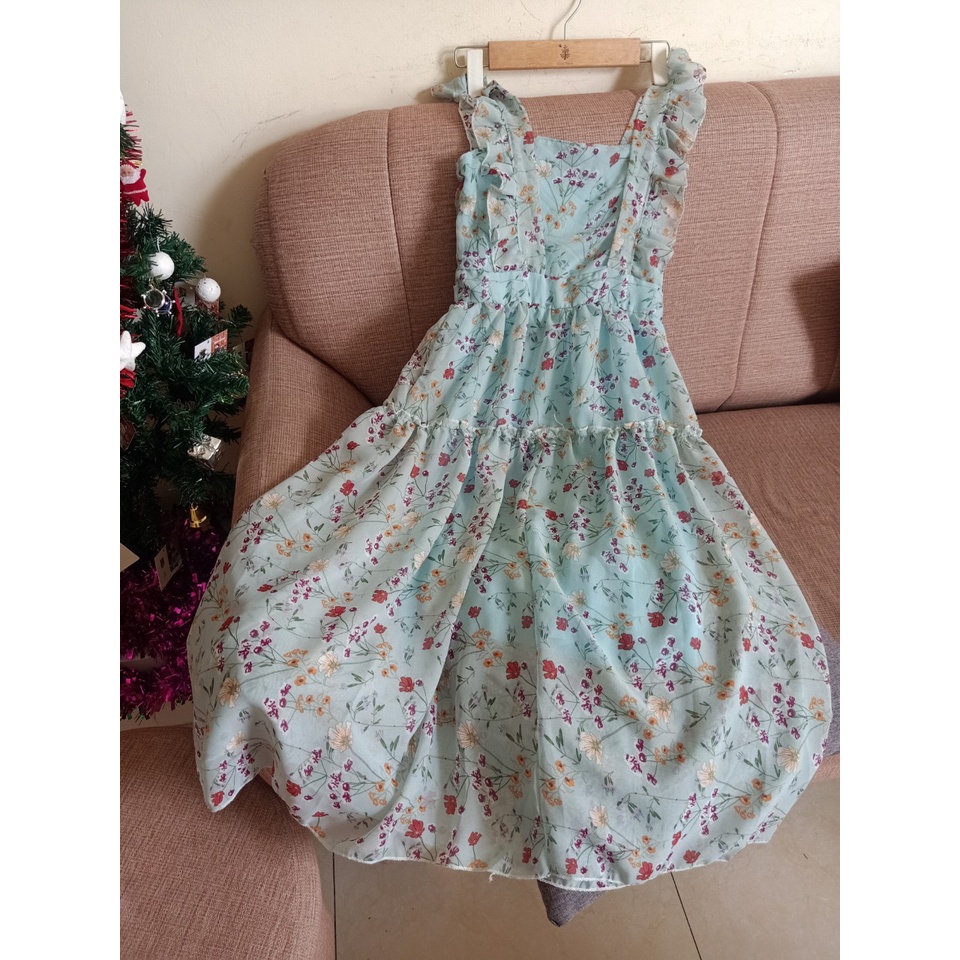 Váy hoa dáng dài màu xanh 2 dây bèo cổ vuông vintage kèm hình thật