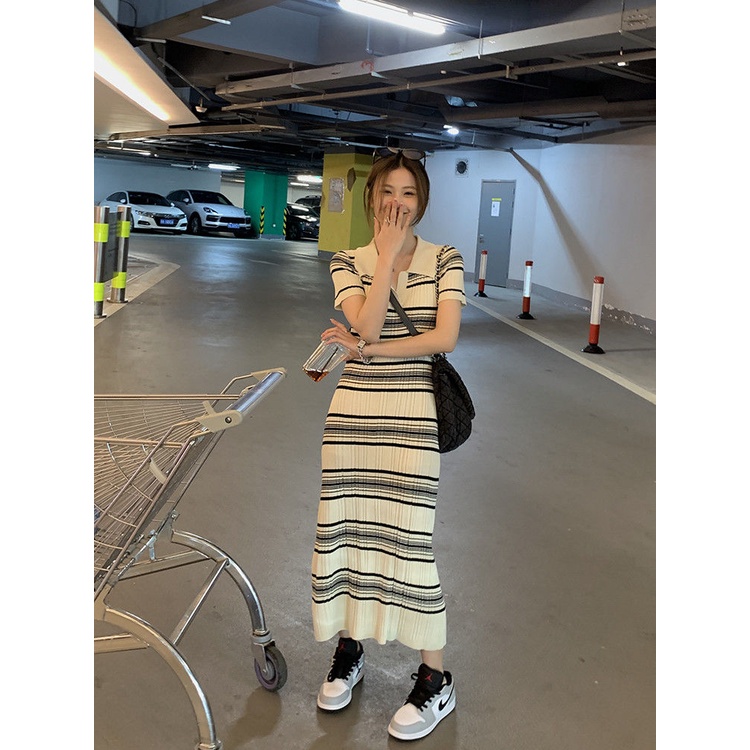 Đầm Dệt Kim Cổ Polo Tay Ngắn Họa Tiết Kẻ Sọc Phong Cách Hàn Quốc Thời Trang Mùa Hè Dành Cho Nữ 2022