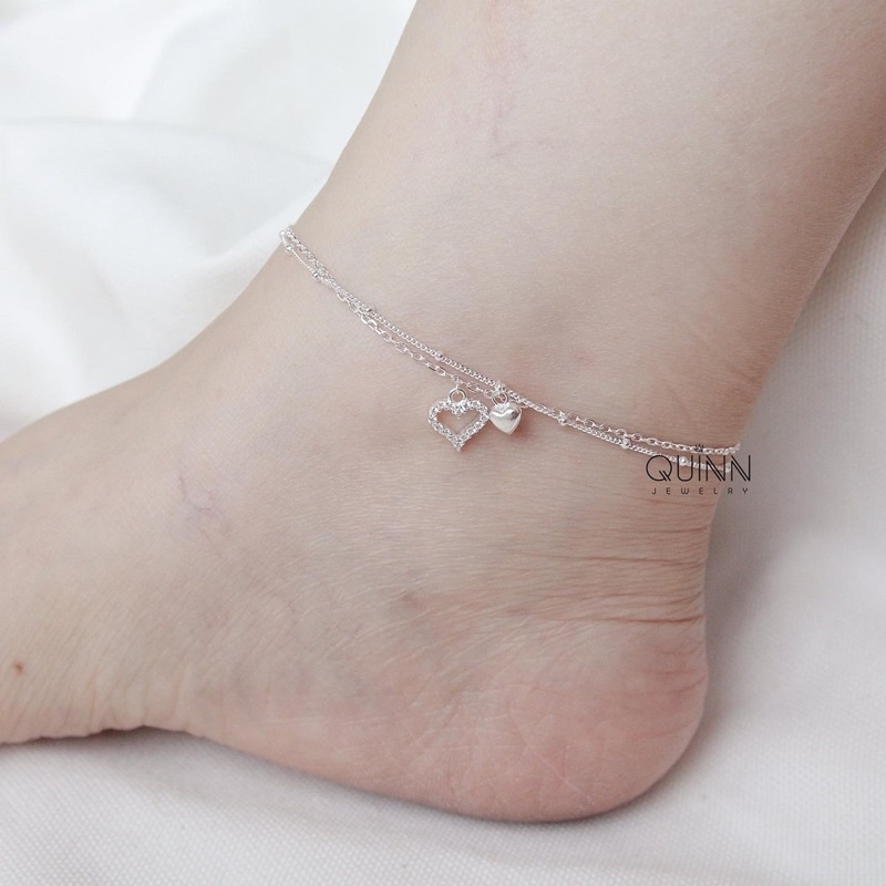 Lắc chân bạc nữ Hearty trái tim đính đá dây đôi, lắc chân bạc 925 Quinn Jewelry