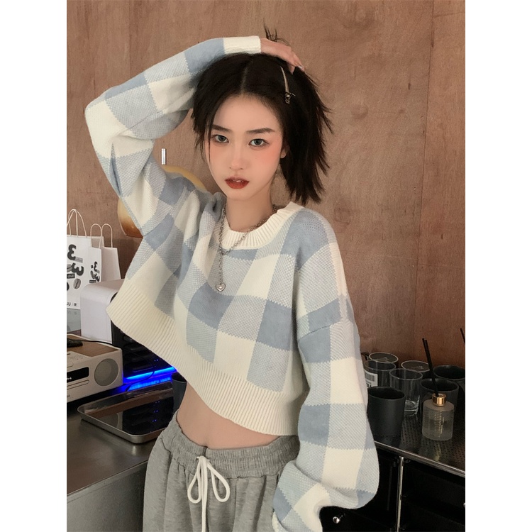 Áo Dệt Kim Cổ Thuyền Ngắn Họa Tiết Kẻ Sọc Màu Tương Phản Thời Trang Hàn Quốc