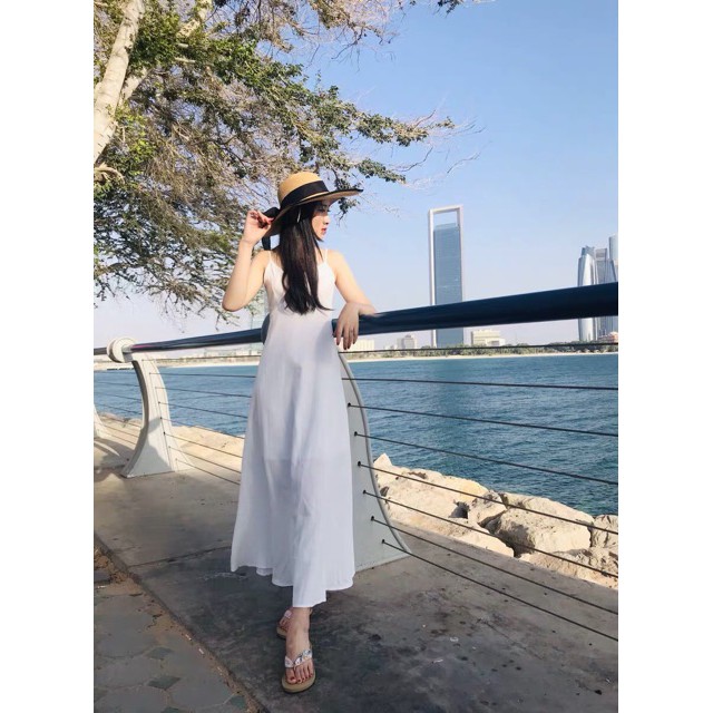 [ẢNH THẬT] Váy đầm maxi trắng 2 dây hở lưng kết nút mang đi biển chụp ảnh cưới siêu xinh  ྇