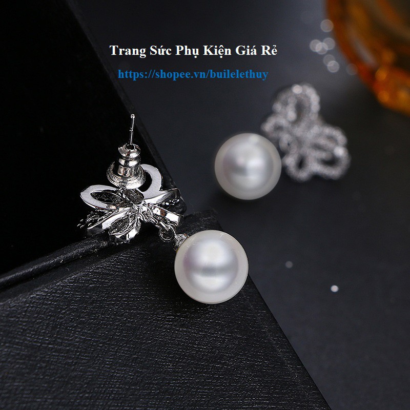 Hoa tai nơ và hạt châu HT70 thời trang Hàn Quốc, S925 cực xinh