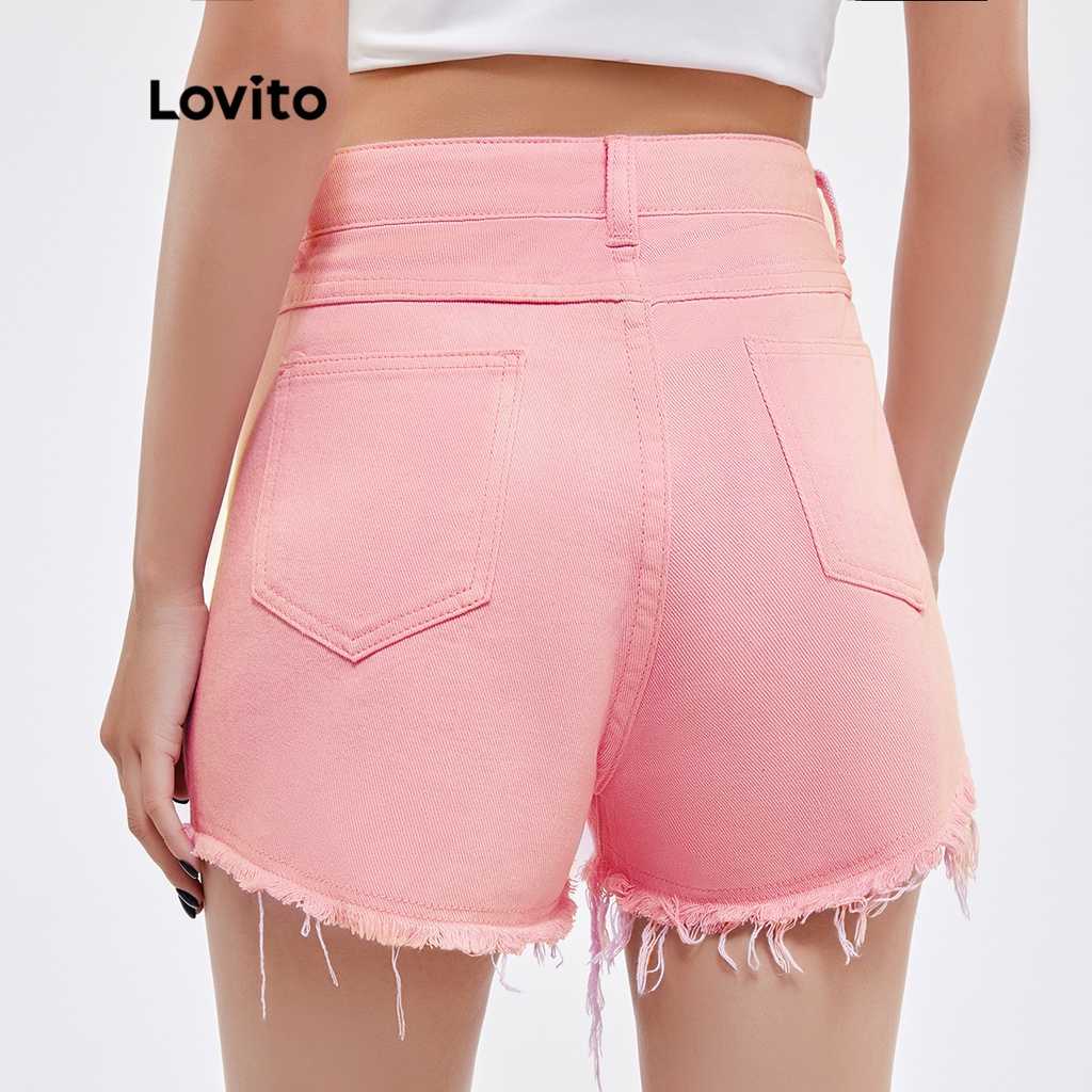 Quần short denim Lovito có túi khóa kéo đơn giản màu trơn L25AD090 (màu hồng)
