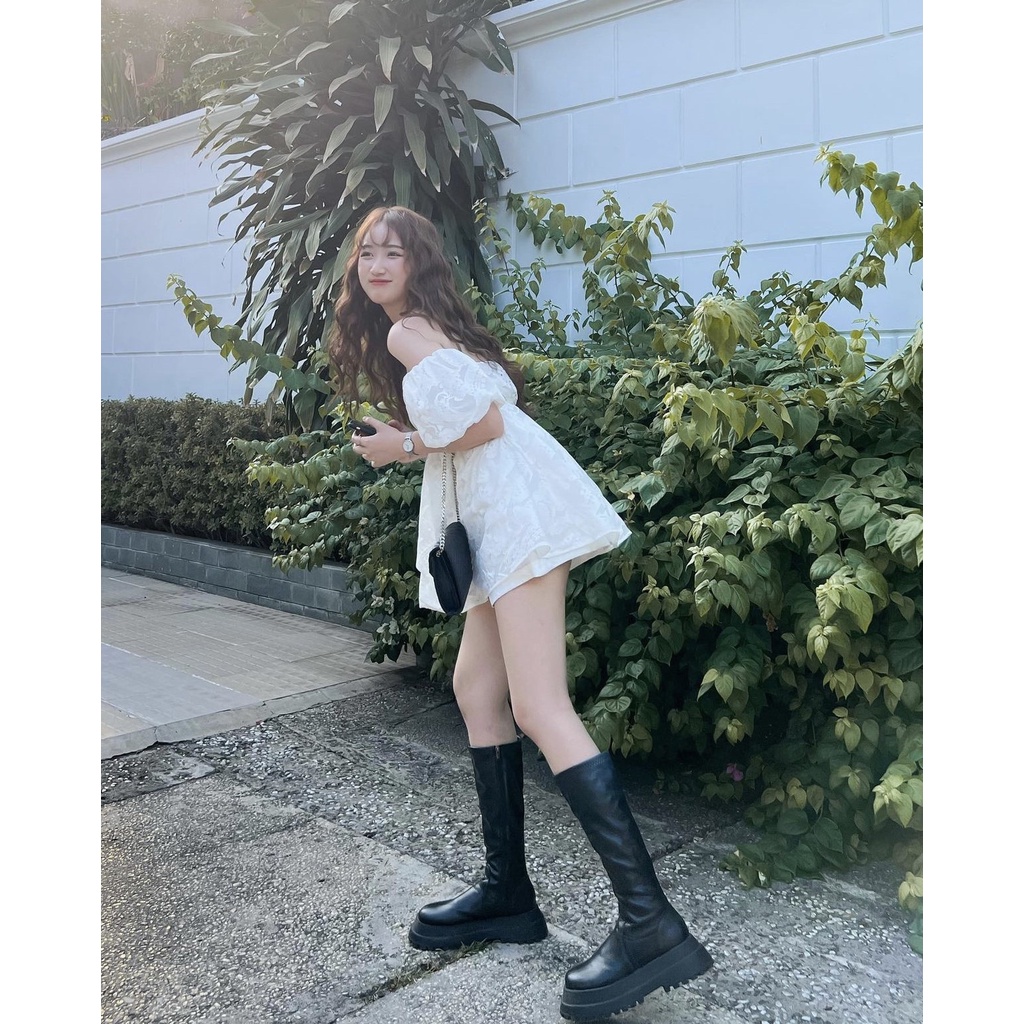 [Sẵn] Áo ren trễ vai tay bo nhún ngực trễ vai hoa chìm siêu xinh