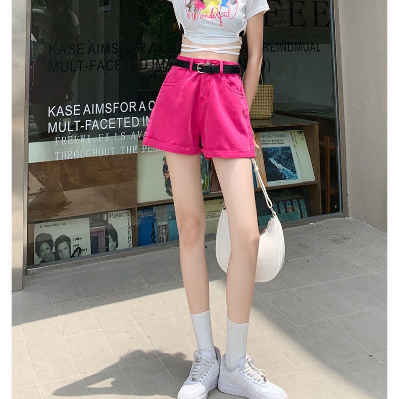 Jiashucheng Quần Short Denim Lưng Cao Dáng Rộng Mỏng Màu Sắc Ngọt Ngào Thời Trang Cho Nữ
