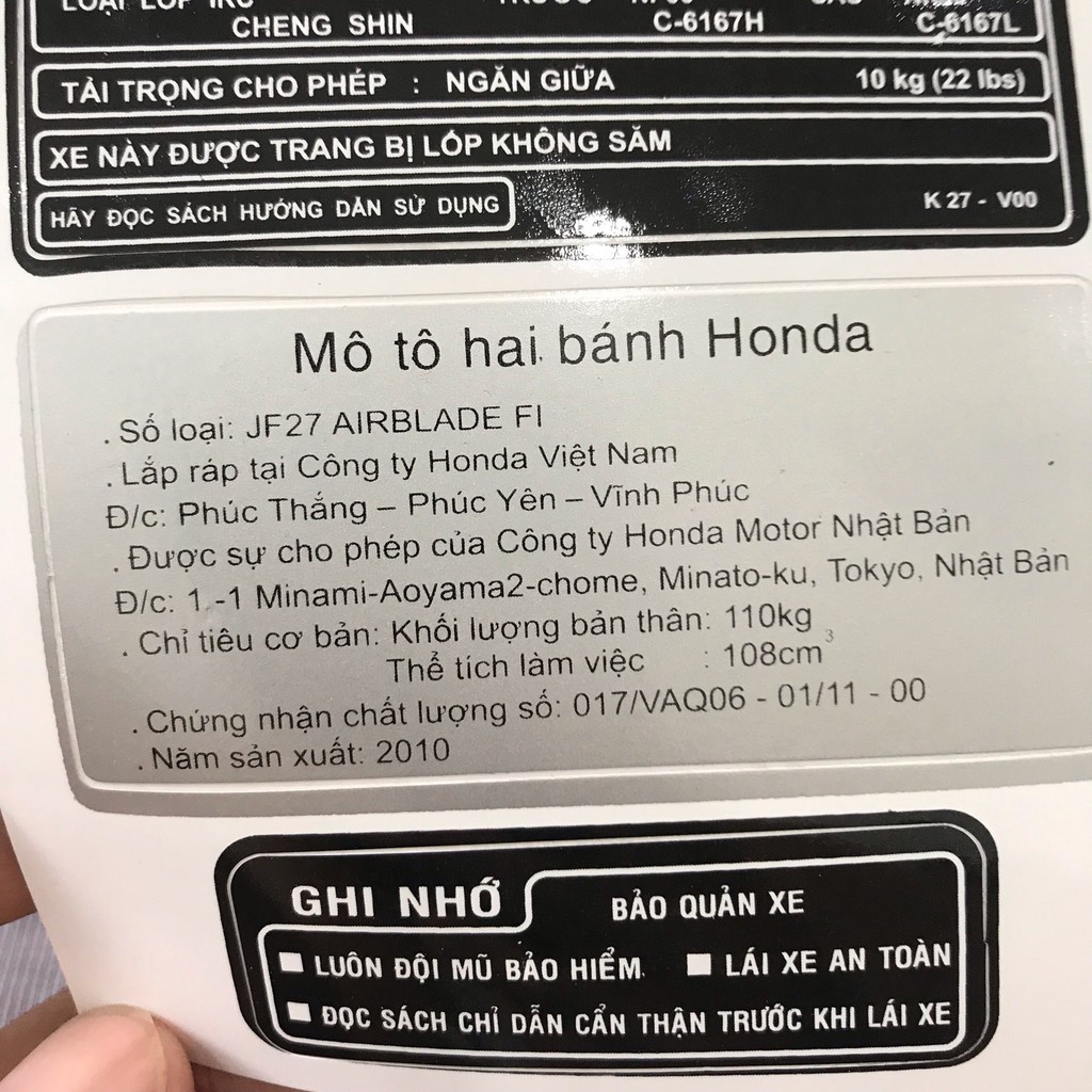 [Mã LIFEAU5SALE giảm 20k đơn 50k] Tem thông số Airblade Việt Nam sắc nét