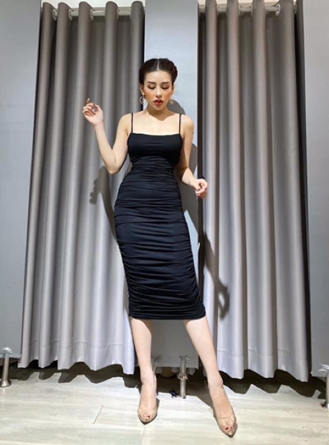 Đầm body nhún hai dây tôn dáng che khuyết điểm