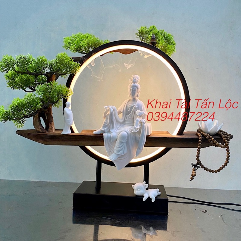 Tượng Quan Âm cầm Ngọc như ý và kệ gỗ đèn led thác khói 10 món