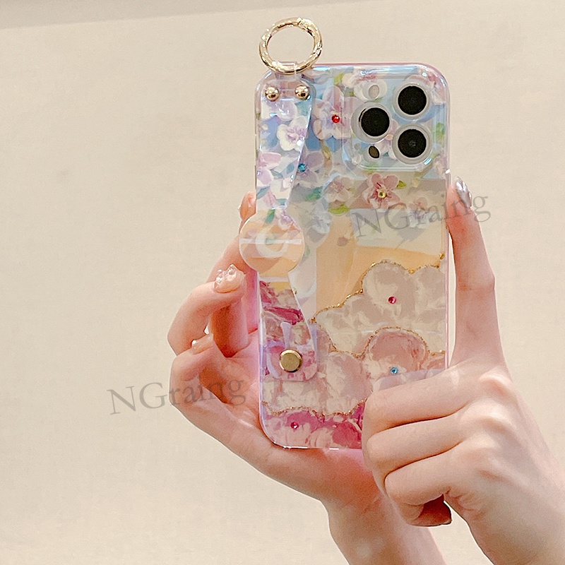 Ốp Điện Thoại Mới Cho vivo V23 5G INS Tranh Sơn Dầu Hoa Anh Đào Có Giá Đỡ Dây Đeo Tay Đeo Ngang Dây Silicon Vỏ Mềm