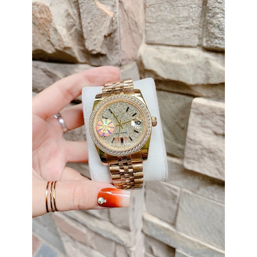 Đồng Hồ Nữ Nam Unisex DayDate dây thép , mặt số nạm đá , size 38mm / 32mm , máy pin