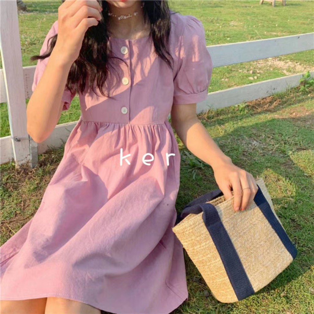 Đầm babydoll tay ngắn, cổ vuông bổ 3 cúc, cột nơ lưng