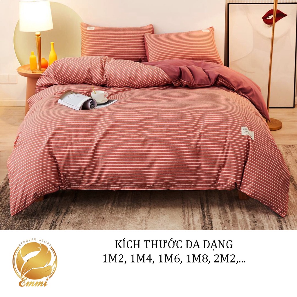 Bộ Chăn Ga Gối Cotton TC Emmidecor Kẻ ngang hồng cam miễn phí bo chun và làm ga phủ theo yêu cầu
