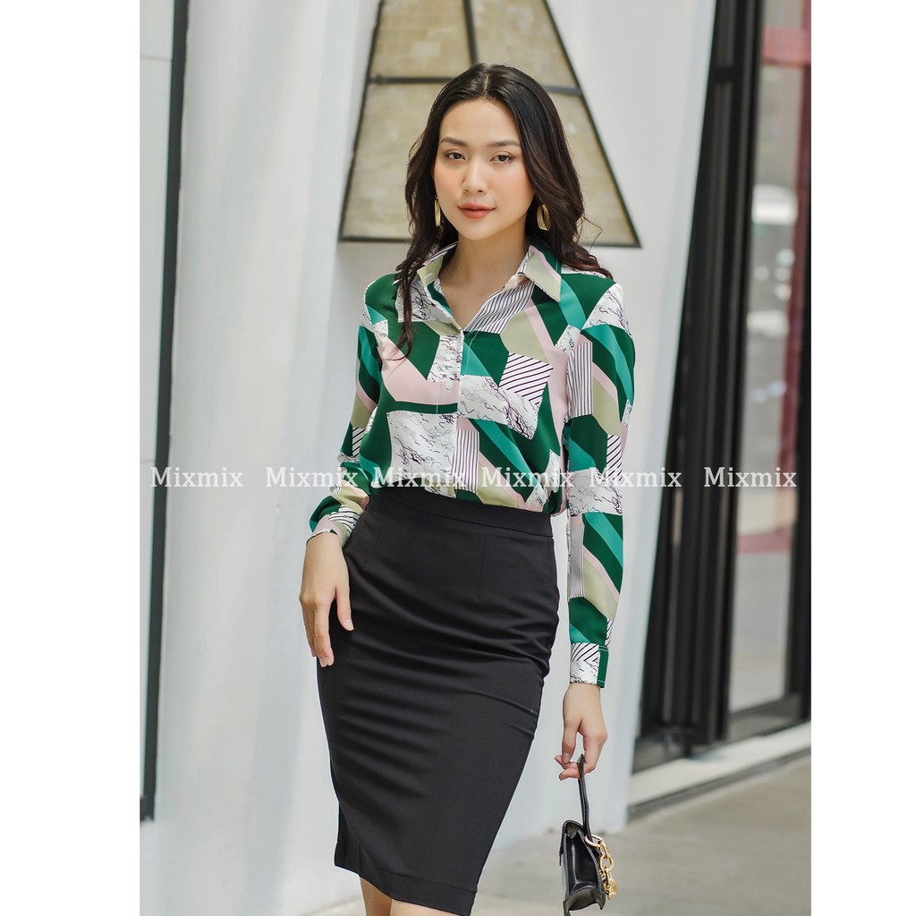 Áo sơ mi lụa nữ họa tiết chữ - MIXMIX - Hàng thiết kế - Hình ảnh độc quyền shop tự chụp
