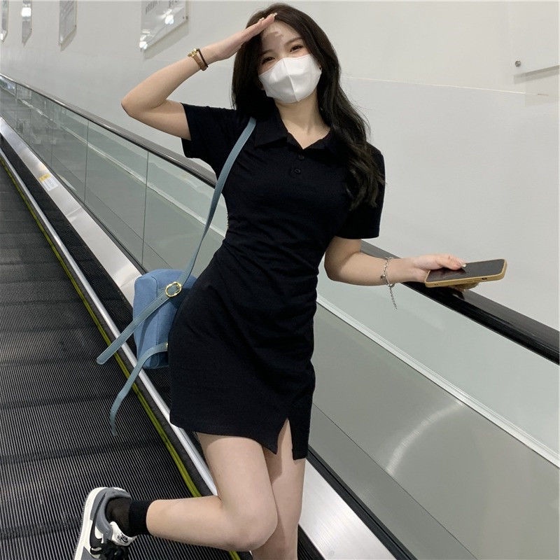 Đầm Thun Đen Cổ polo Dáng Ôm Chiết Eo Cá Tính Dễ Phối Đồ