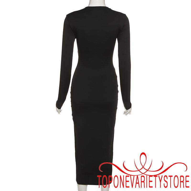 Topone-Women´s Autumn Sexy Skinny Dress Black Long Sleeve Chest Hollow Side Split Long Dress
