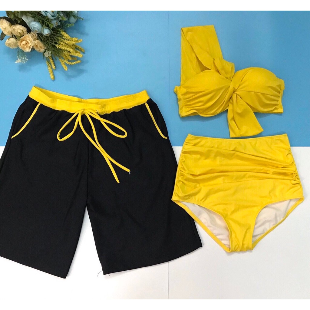 Bikini , Cuple Nam Nữ Đi Biển Hai Mãnh Nơ To Cạp Cao Rẻ Đẹp ODERI HM-056