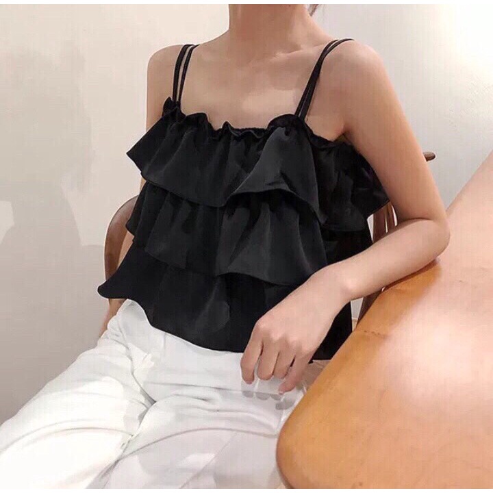 Áo Hai Dây Nữ Viền Bèo 3 Tầng 🦋 Áo Đũi Nữ Croptop Hở Lưng Đen Trắng