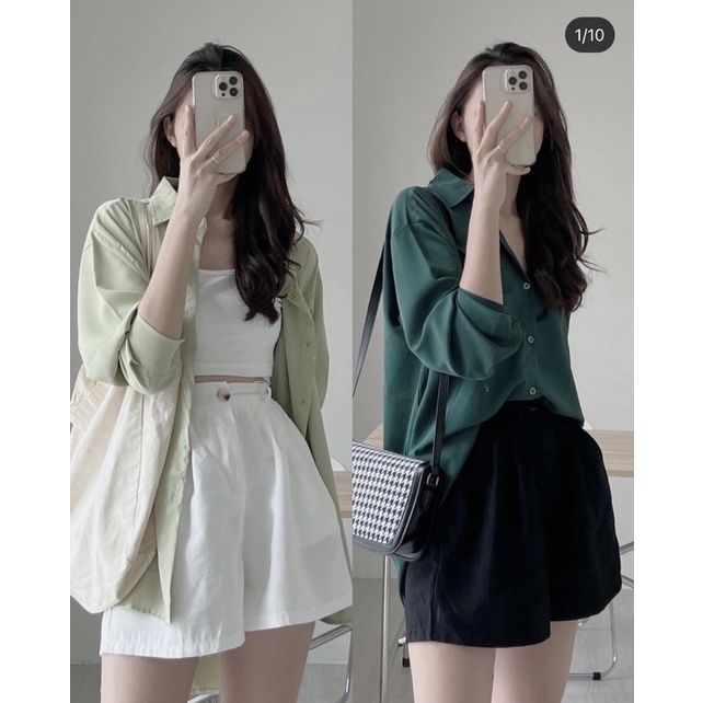 Sơ mi lụa cúc sau đuôi tôm mix đồ