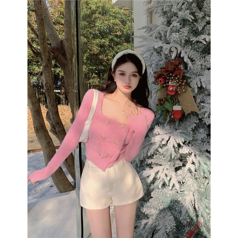 Áo sweater Dệt Kim Mỏng Phối Lông Chồn Phong Cách Hàn Quốc Mới