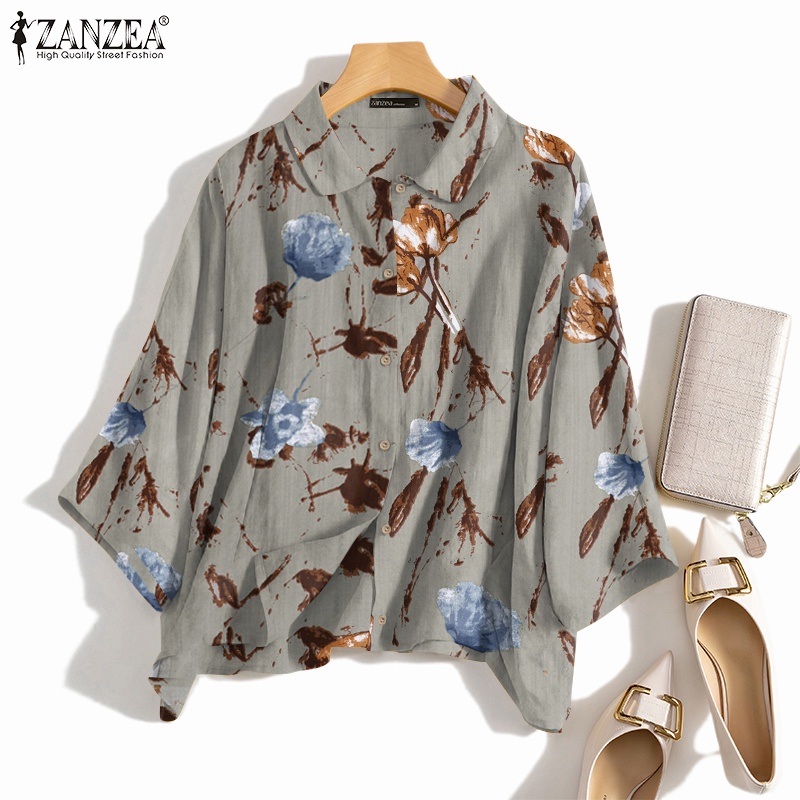 ZANZEA Áo Sơ Mi Tay Dài Cổ Bẻ In Họa Tiết Vintage Thời Trang Cho Nữ