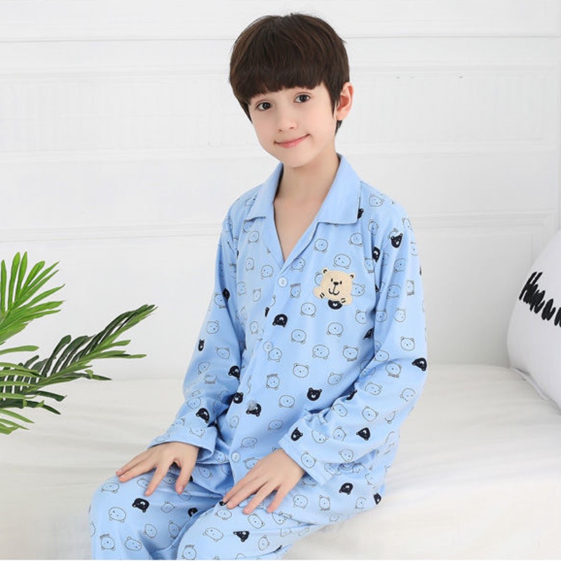 đồ hàn quốc cho bé trai Bộ Đồ Ngủ Tay Dài Vải Cotton Thoáng Khí In Hình Gấu Hoạt Hình Dễ Thương Cho Bé Trai
