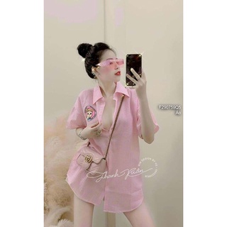 Áo sơ mi kẻ sọc ngực in logo tay ngắn hàng QC!