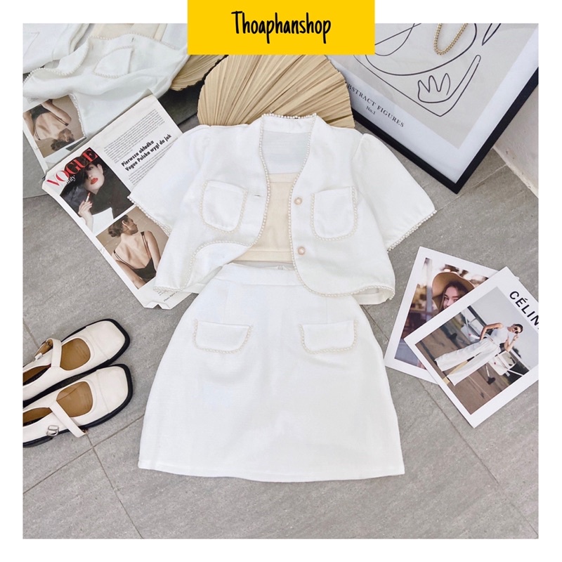 SET ÁO DẠ VIỀN CROPTOP + ÁO HAI DÂY + CHÂN VÁY CHỮ A