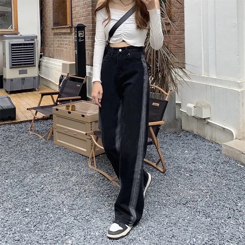 Quần Jeans Nữ Màu Đen Phối Light Sọc Cạp Cap Ống Suông Cá Tính Chất Jean Dày Dặn Loại 1 Dễ Mix Đồ Mặc Hàng Ngày