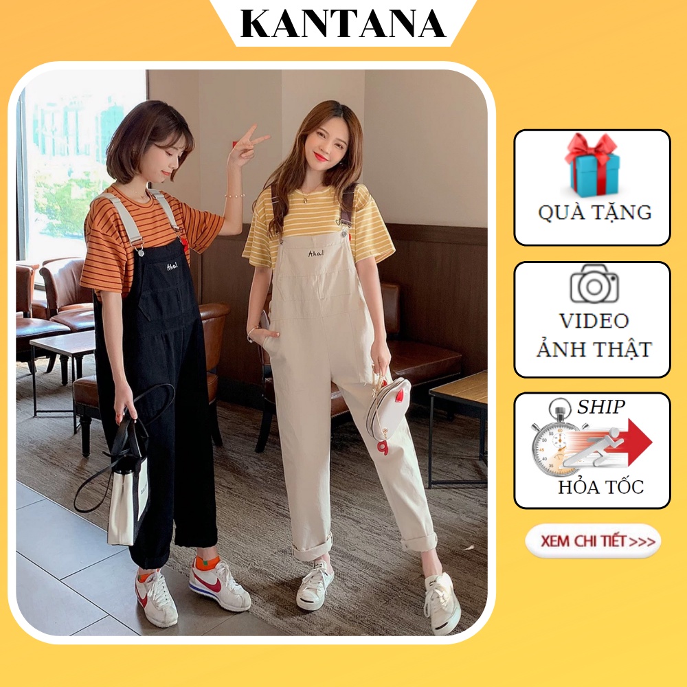 Quần yếm kaki Ulzzang thêu Aha dây phối 2 màu be, đen