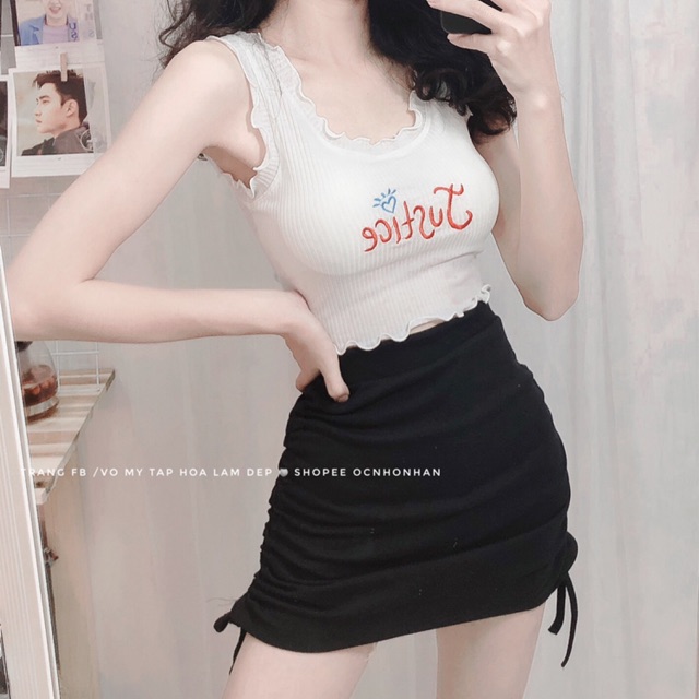 Set áo CROPTOP thêu phối chân váy rút dây